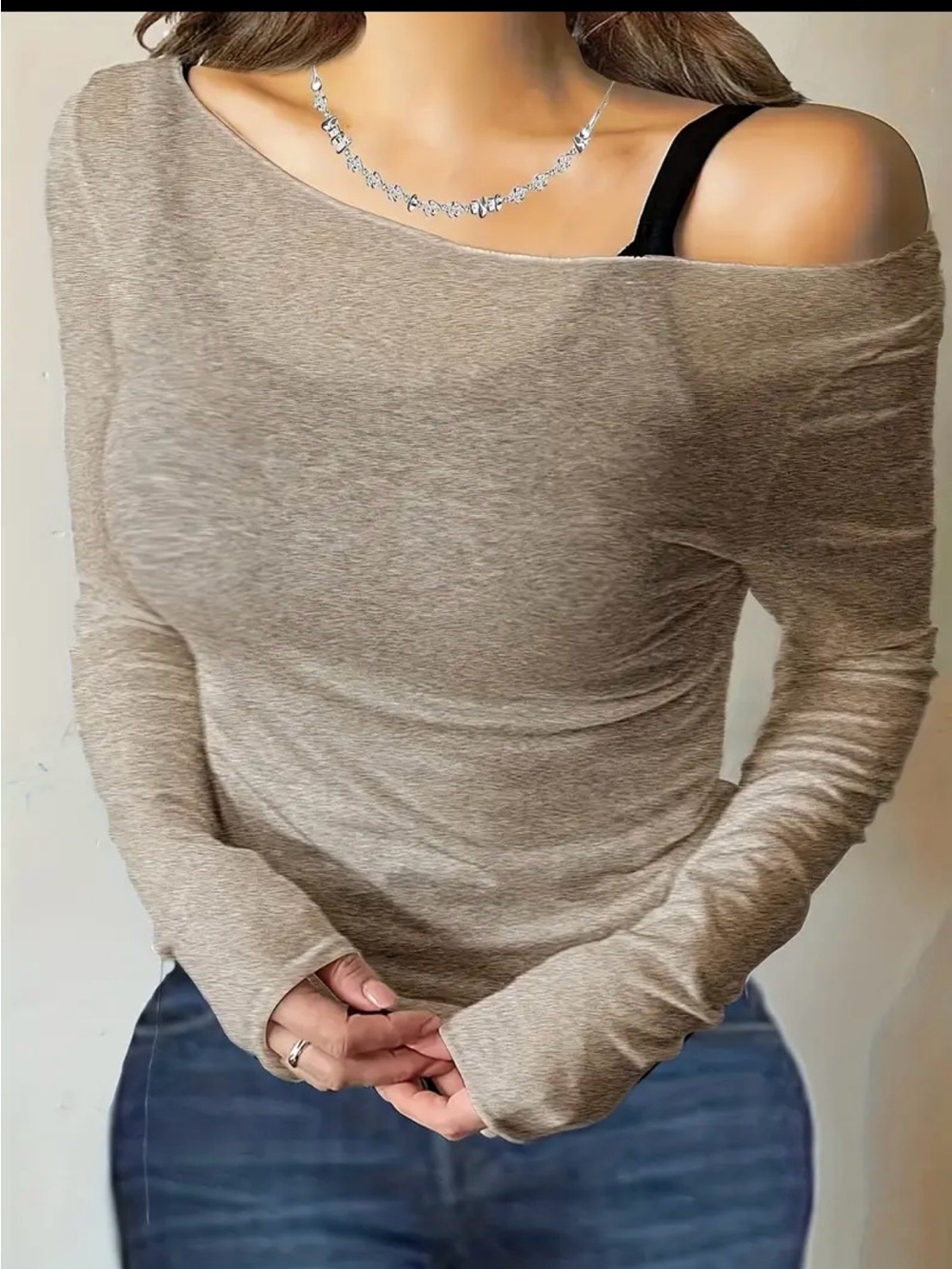 Boatneck Long Sleeve Top in Light Beige - Picture 3 of 3